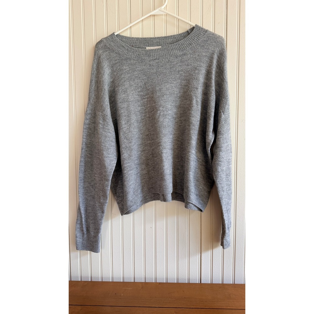 Women Heather Gray Drop Shoulder Crewneck Knit Sweater Pullover Top